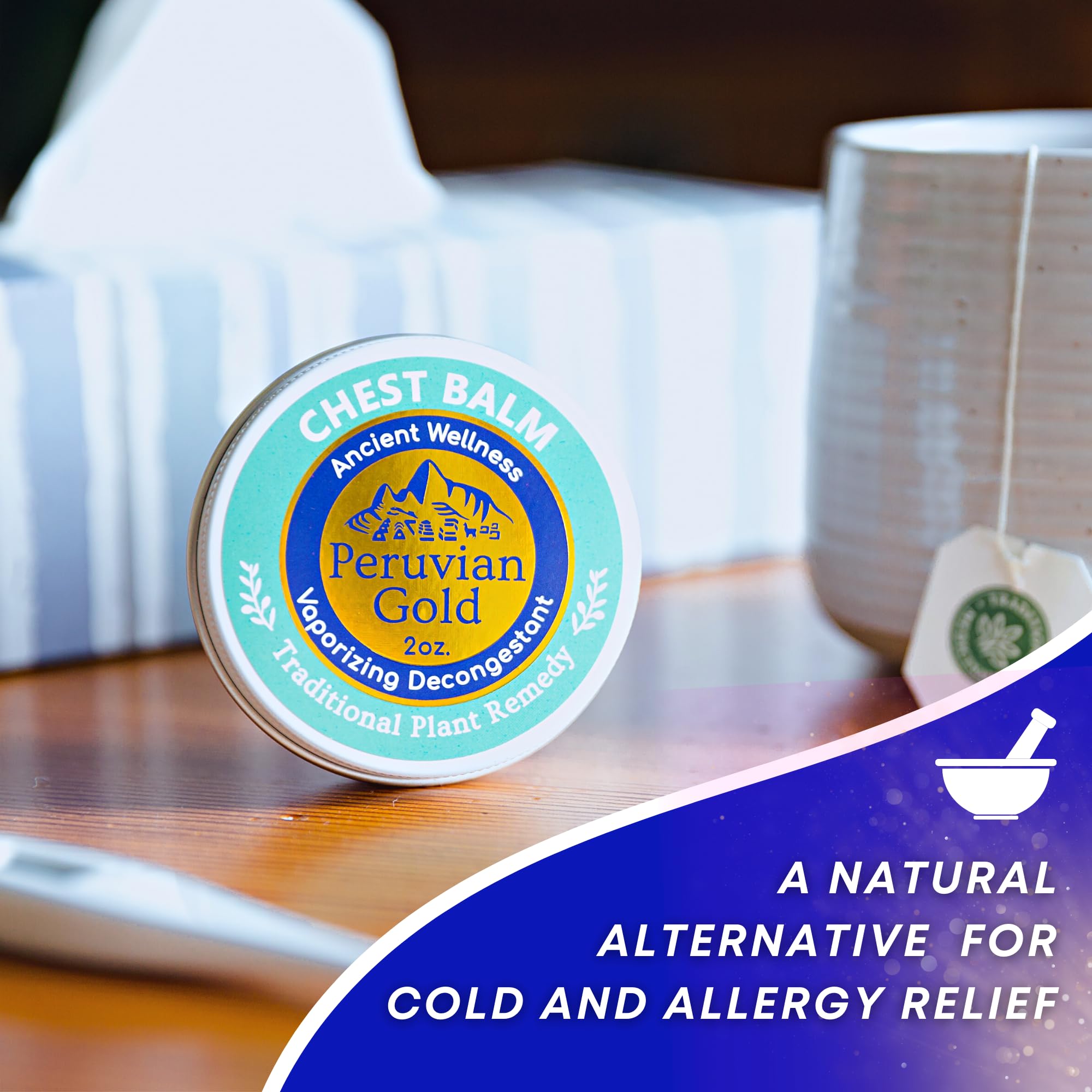 Peruvian Gold aromatic vaporizing balm side view showing packaging details and cold and allergy relief benefits.