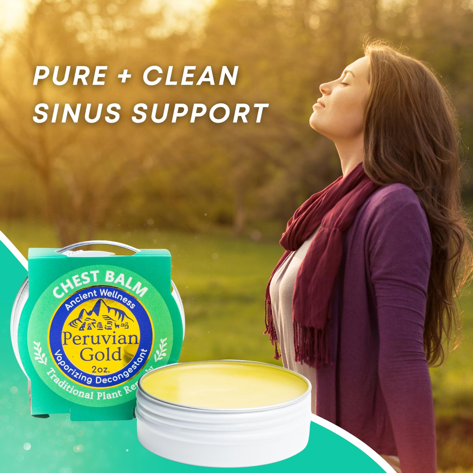 Peruvian Gold chest balm product label displaying directions for topical application and steam inhalation.