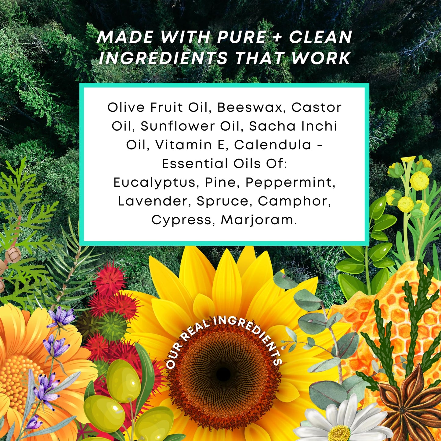 Peruvian Gold wellness lifestyle setup featuring the chest rub balm alongside natural eucalyptus leaves and pine needles.