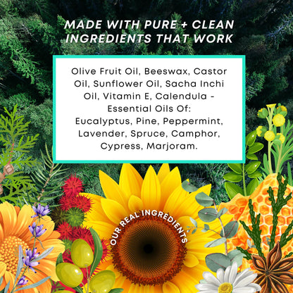 Peruvian Gold wellness lifestyle setup featuring the chest rub balm alongside natural eucalyptus leaves and pine needles.