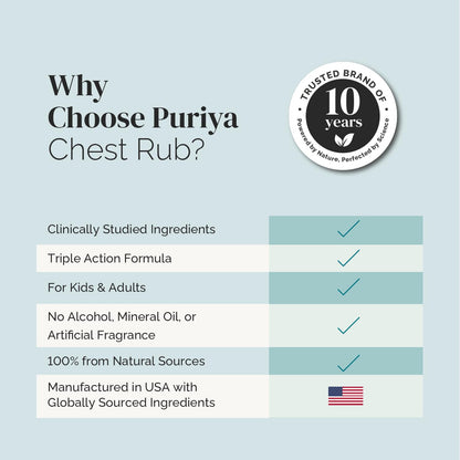 Puriya breathe ease balm ingredient panel showcasing pure herbal essential oils