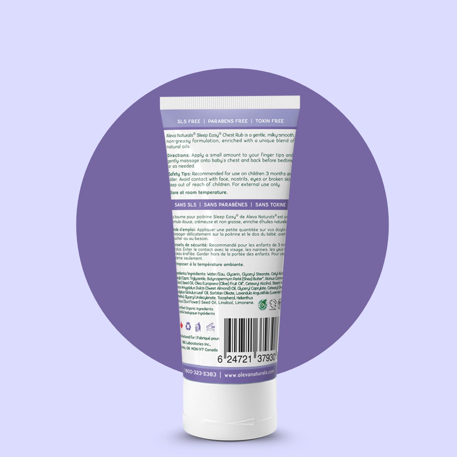 Aleva Naturals baby rub box packaging showing the imported Canadian formulation