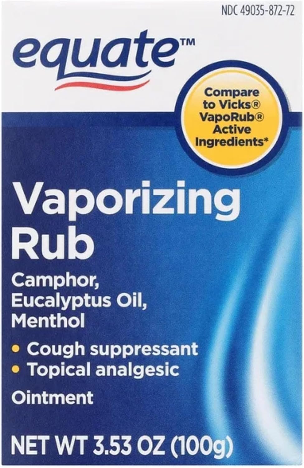 Equate Vaporizing Rub Ointment packaging showing active ingredients