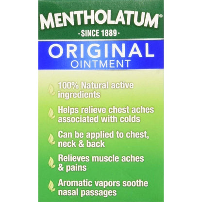 Mentholatum aromatic vapors cold and flu pain relief ointment label and instructions view.