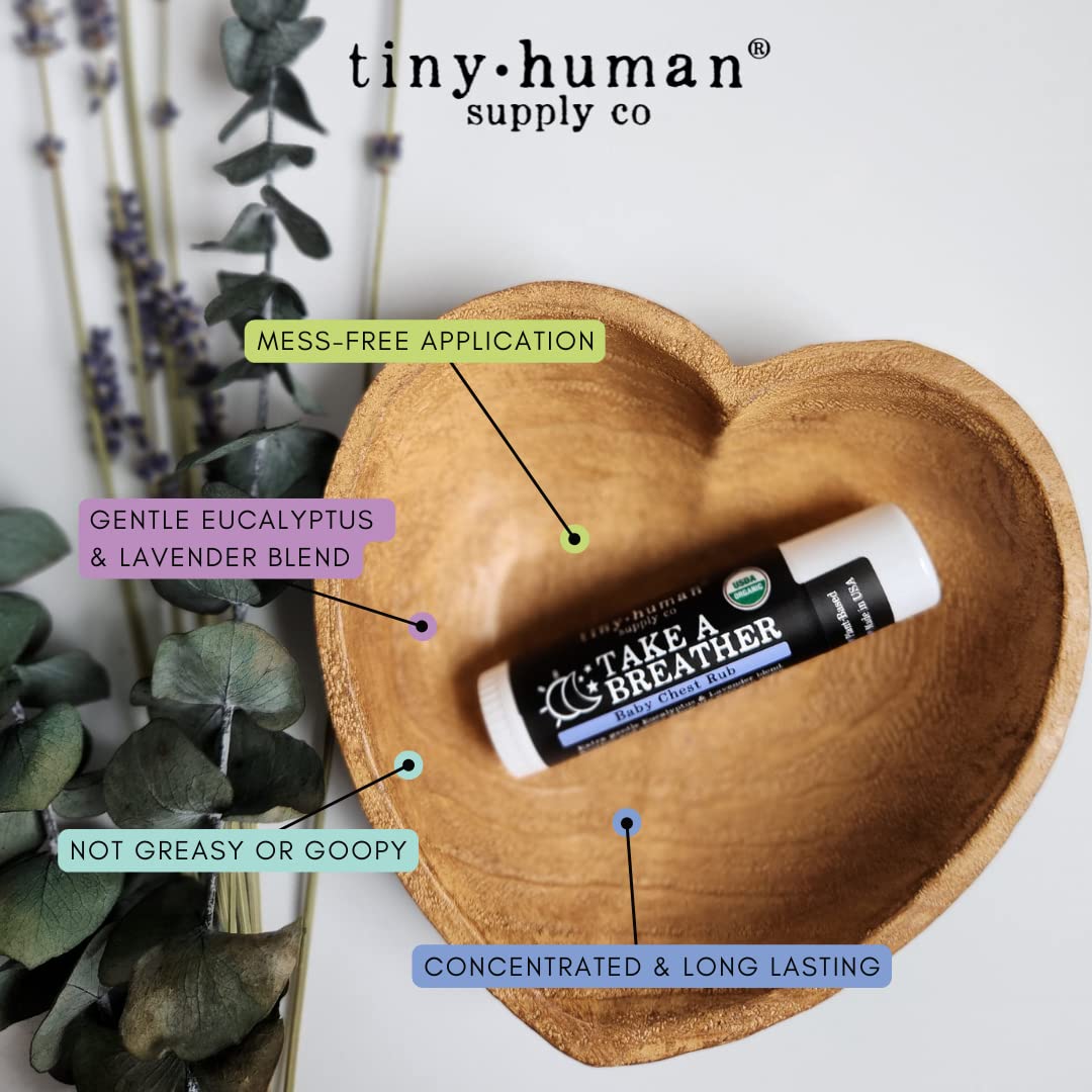 Back label view of Tiny Human Supply Co Take A Breather balm displaying the premium certified organic ingredients list.