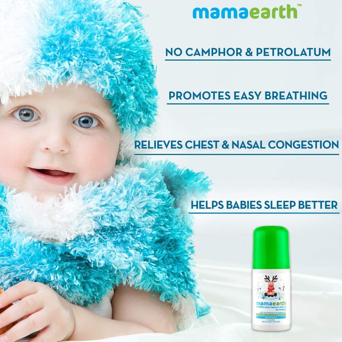Mamaearth baby nasal congestion roll on showing natural wintergreen and eucalyptus ingredients