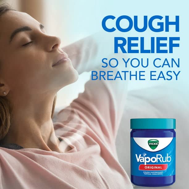 Side view of Vicks VapoRub packaging detailing the cough suppressant benefits