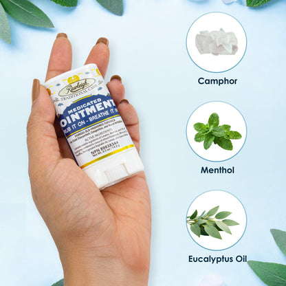 Back label of Rawleigh Medicated Ointment Stick displaying active ingredients including camphor, menthol, and eucalyptus.