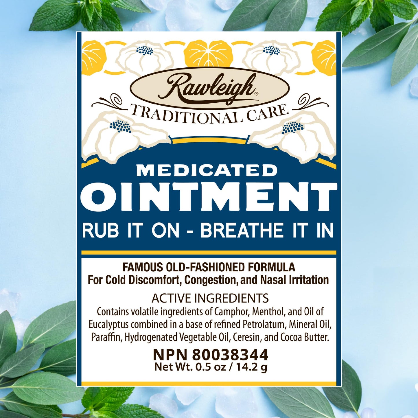 Side view of Rawleigh cold and cough relief ointment stick packaging details and manufacturing origins.