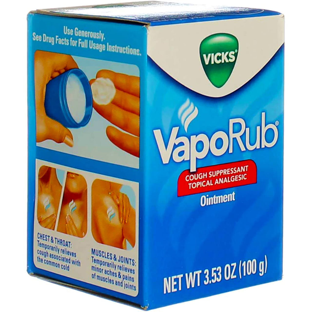 Back label of Vicks VapoRub three point fifty three ounce jar showing directions