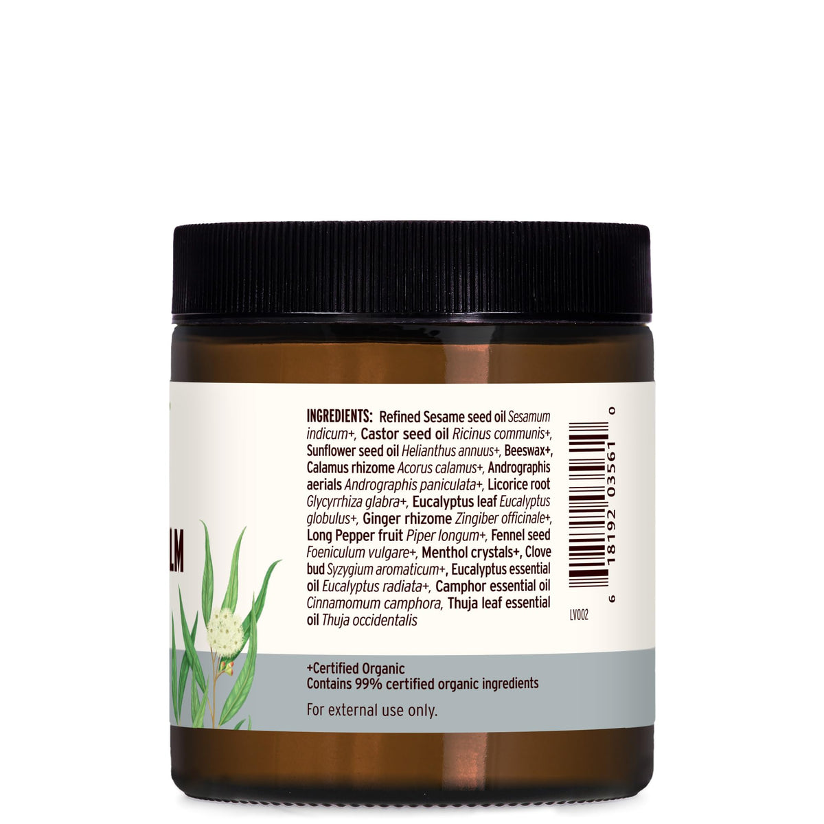 Back label of Banyan Botanicals balm displaying the full vegetarian and non-GMO ingredient list