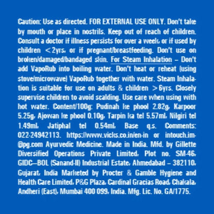 Vicks VapoRub imported cold remedy ointment back label displaying clear directions for application