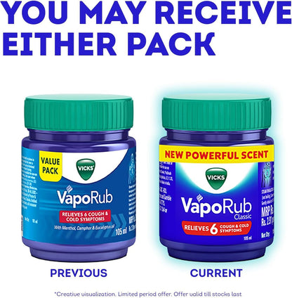 Medicated Vicks VapoRub chest rub packaging showing manufacturing details and standard dimensions