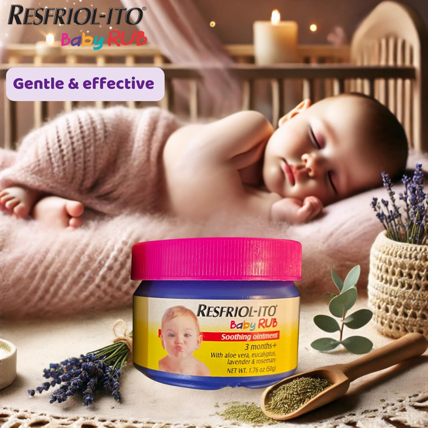 Resfriol-ito calming baby rub jar showing pink lid and blue container details.