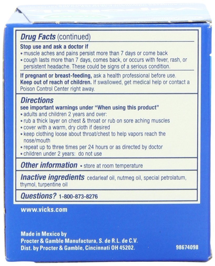 Back label view of imported Vicks VapoRub topical ointment highlighting active ingredients and usage instructions.