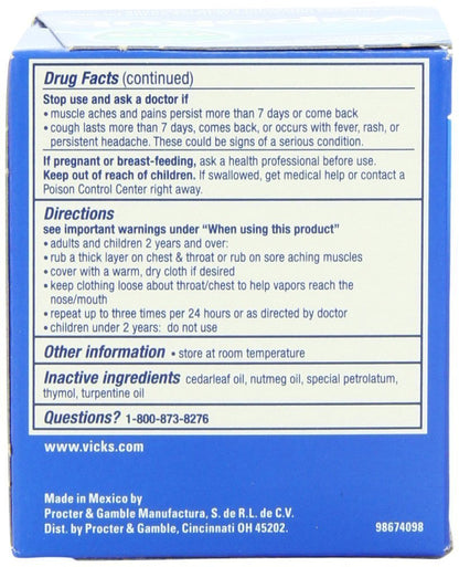 Back label view of imported Vicks VapoRub topical ointment highlighting active ingredients and usage instructions.