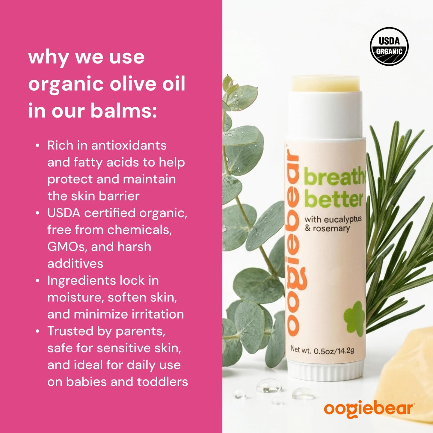 Infant chest rub balm by Oogiebear showing travel friendly design