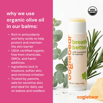 Infant chest rub balm by Oogiebear showing travel friendly design