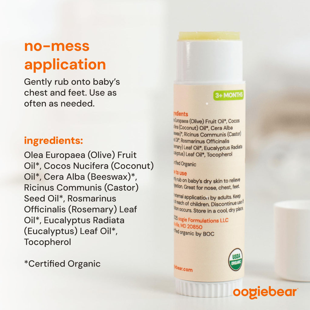 USDA organic certification logo on Oogiebear baby breathing rub container