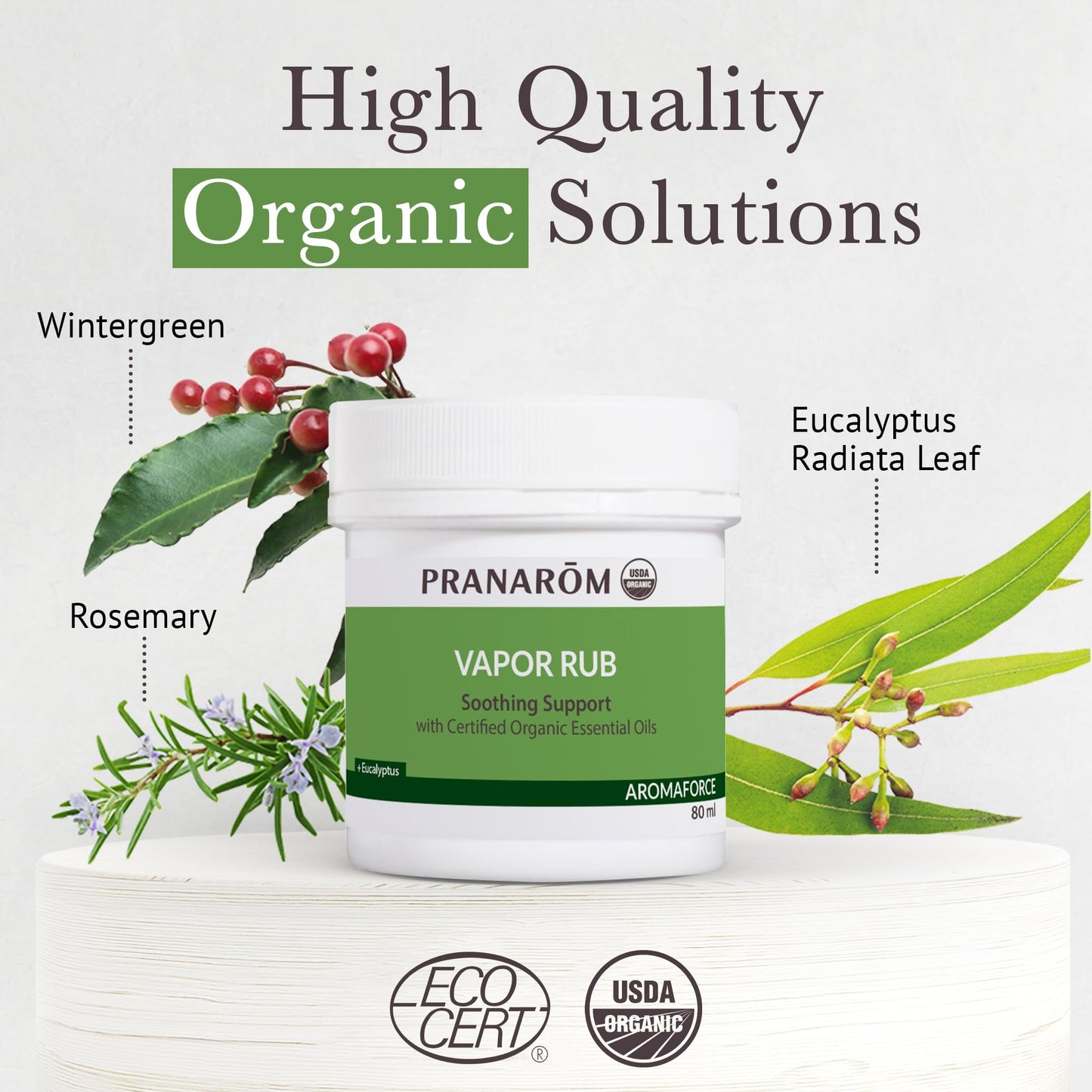 Back label of Pranarom Aromaforce balm highlighting pure essential ingredients like eucalyptus and thyme.