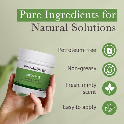 Pranarom petroleum-free chest balm packaging highlighting its vegan formulation for sinus support.