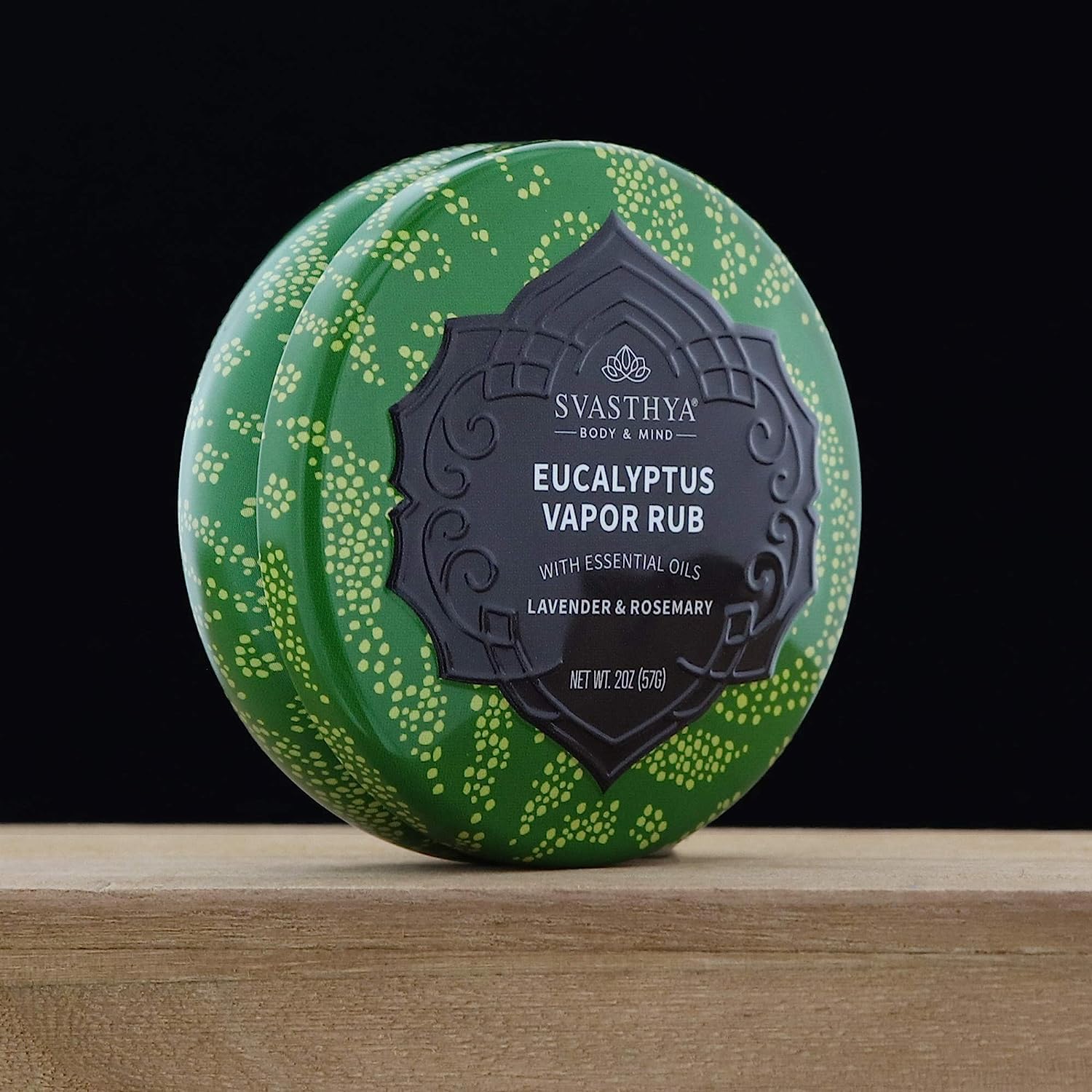 Svasthya natural chest rub tin displaying extra virgin olive oil and beeswax ingredients