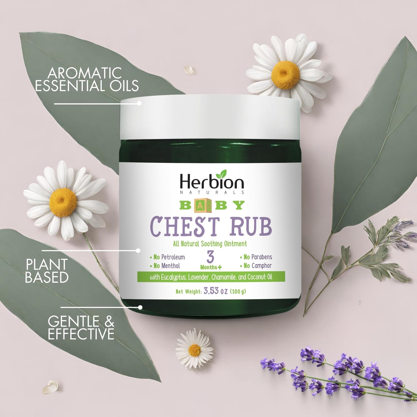 Herbion Baby Chest Rub non-GMO certification and age warning label close-up