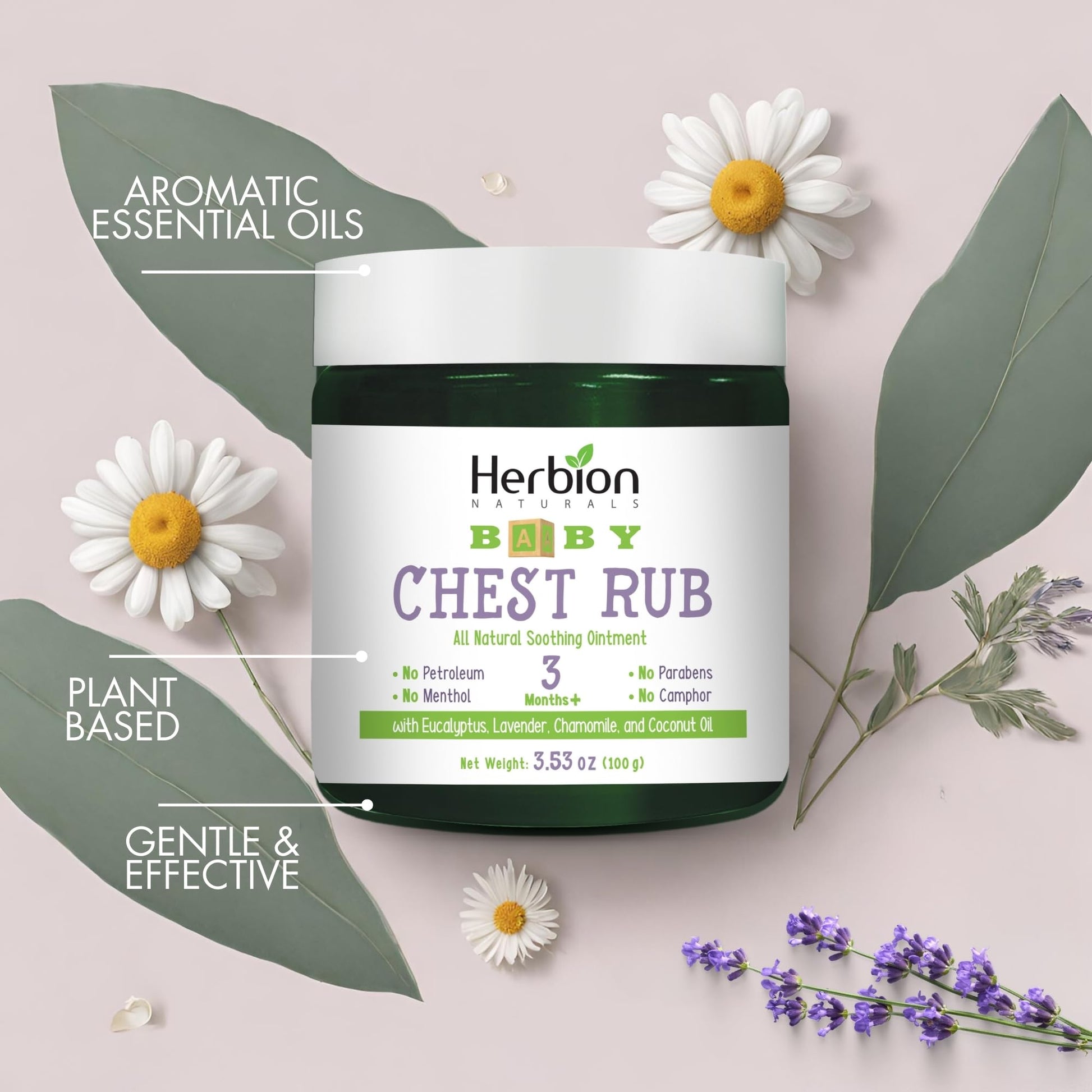 Herbion Baby Chest Rub non-GMO certification and age warning label close-up