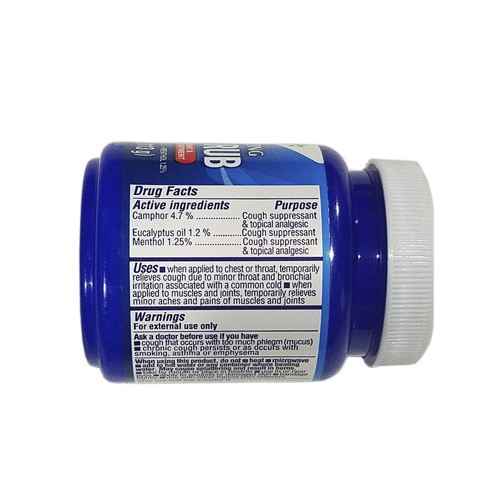 Side view of vaporizing cold rub ointment detailing directions for cough suppression