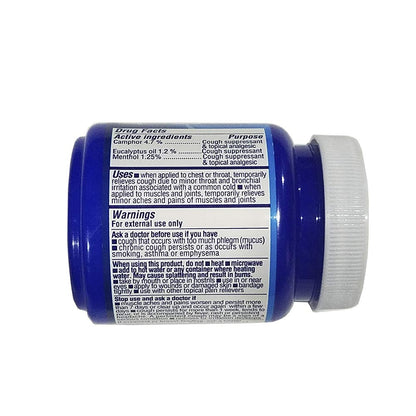 Topical analgesic chest rub for muscle aches showing product dimensions and label
