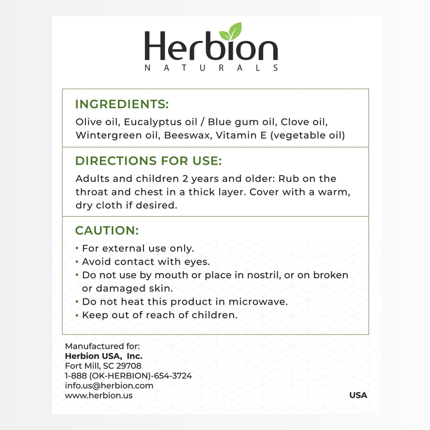 Herbion Naturals all natural congestion relief balm container showing authentic product details.