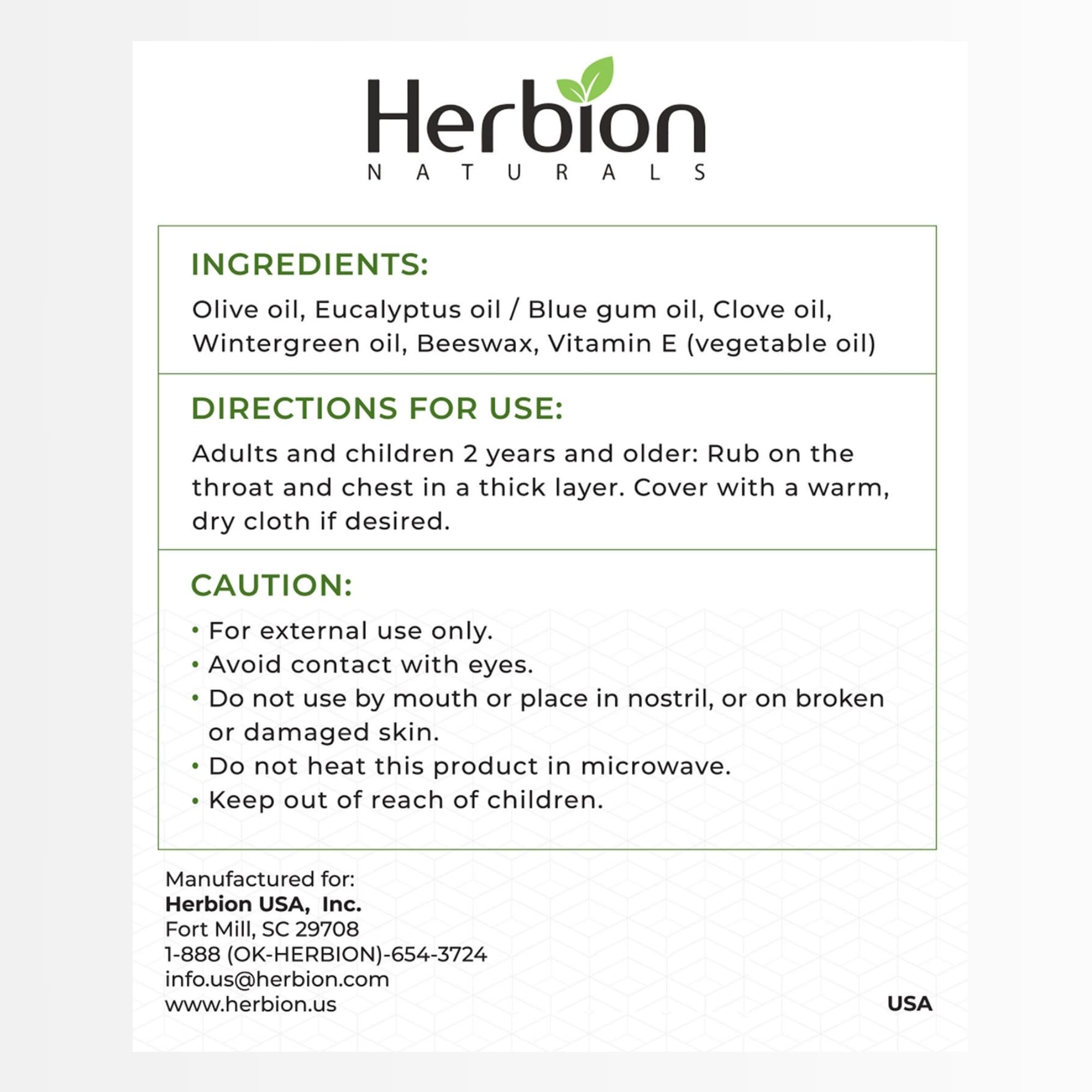 Herbion Naturals all natural congestion relief balm container showing authentic product details.