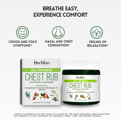 Herbion Naturals cough and cold soothing ointment with essential oils close up.