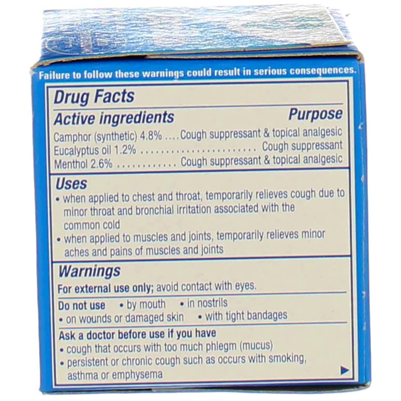 Side angle view of Vicks VapoRub ointment container highlighting active ingredients