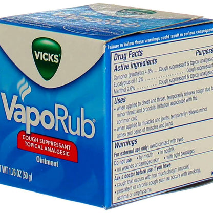 Vicks VapoRub medicated vapor rub jars showing directions for throat and chest application