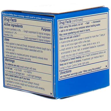 Close up of Vicks VapoRub ointment packaging detailing warnings and usage instructions