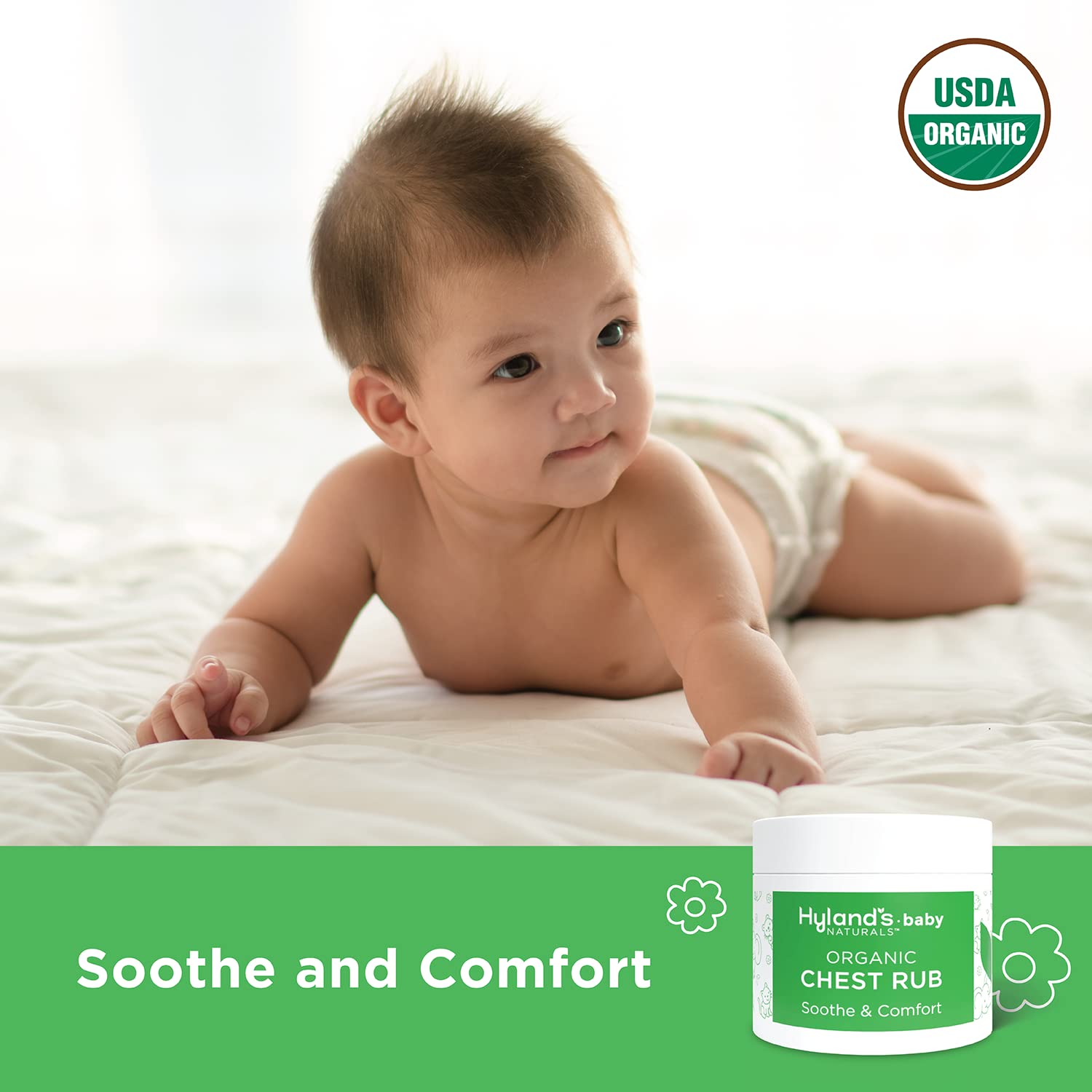 Organic baby soothing balm container showcasing USDA organic and dermatologist tested seals