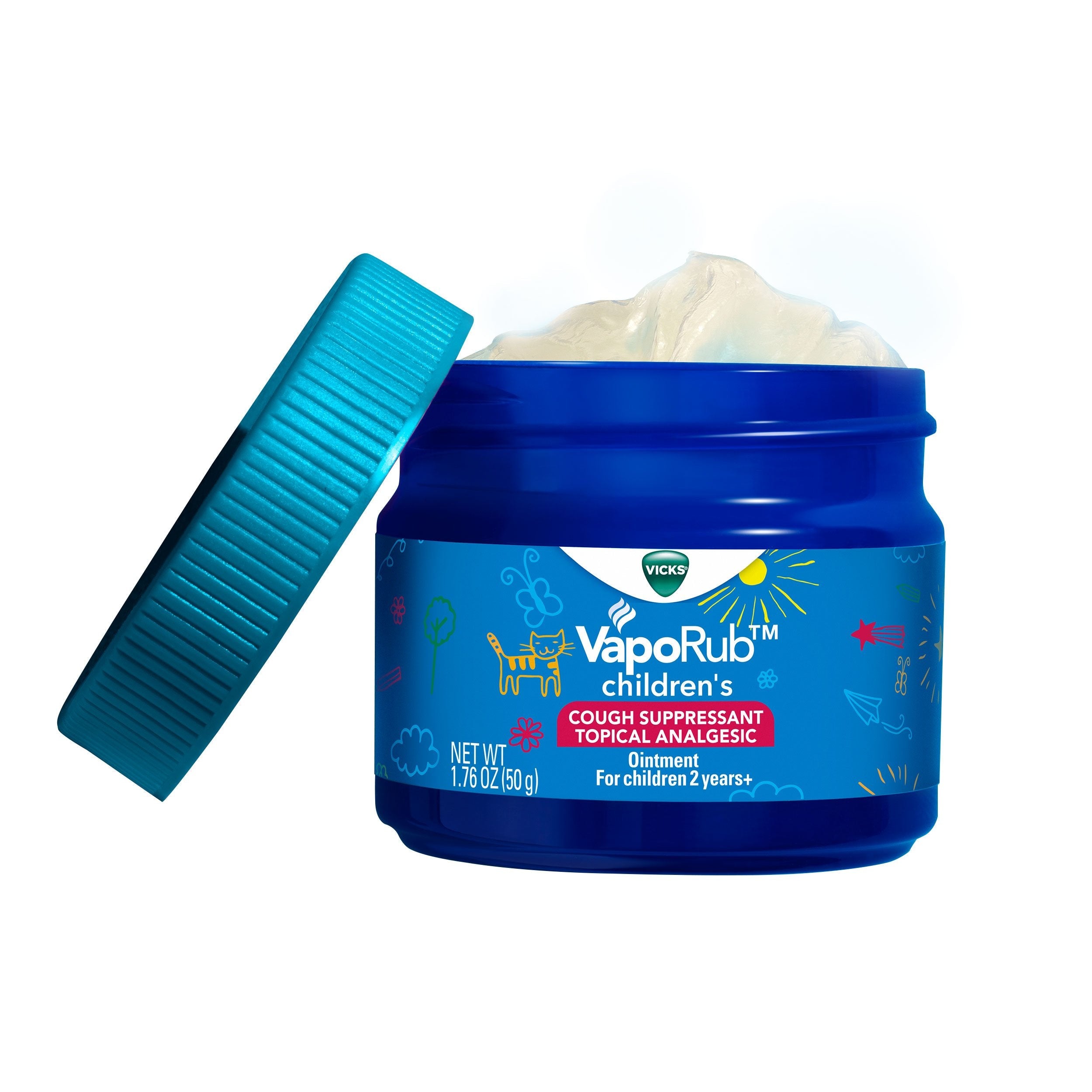 Vicks children's topical cold rub ointment jar highlighting age warning for children ages two plus.