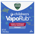 Vicks children's vaporub packaging indicating safe application instructions for throat and chest application.