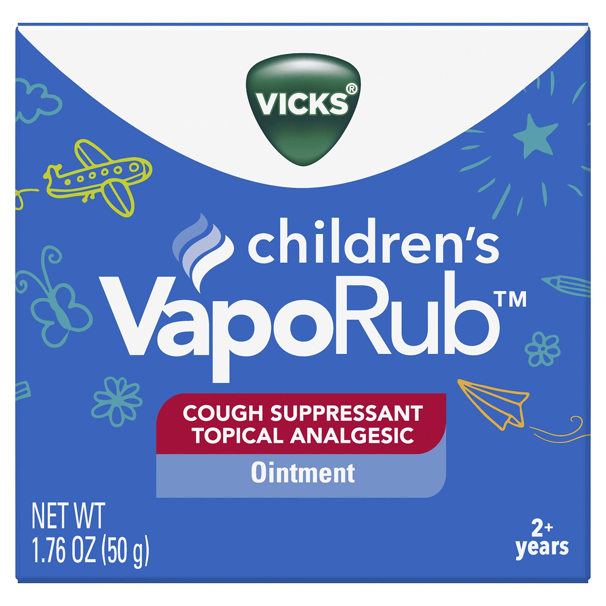 Vicks children's vaporub packaging indicating safe application instructions for throat and chest application.