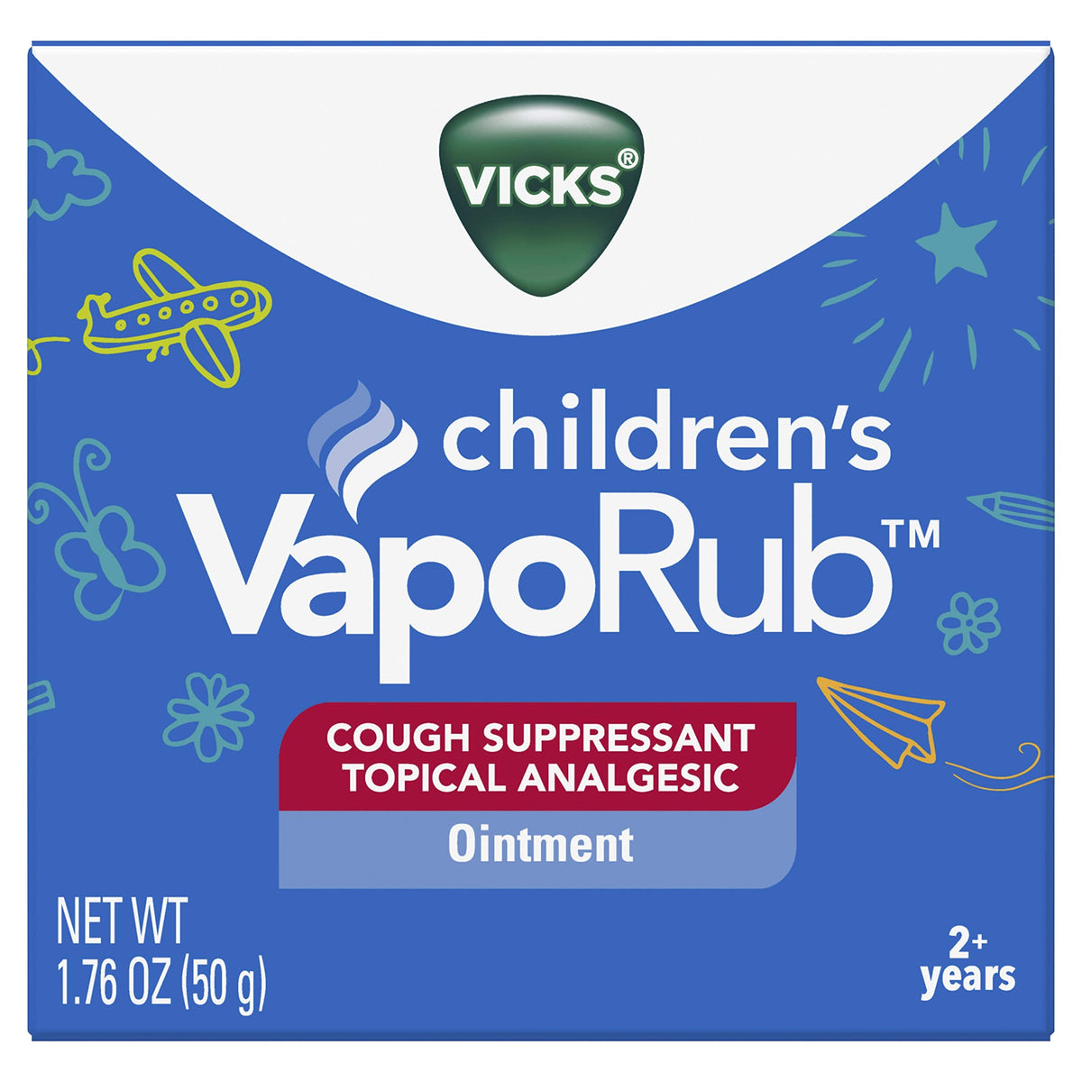 Vicks children's vaporub packaging indicating safe application instructions for throat and chest application.