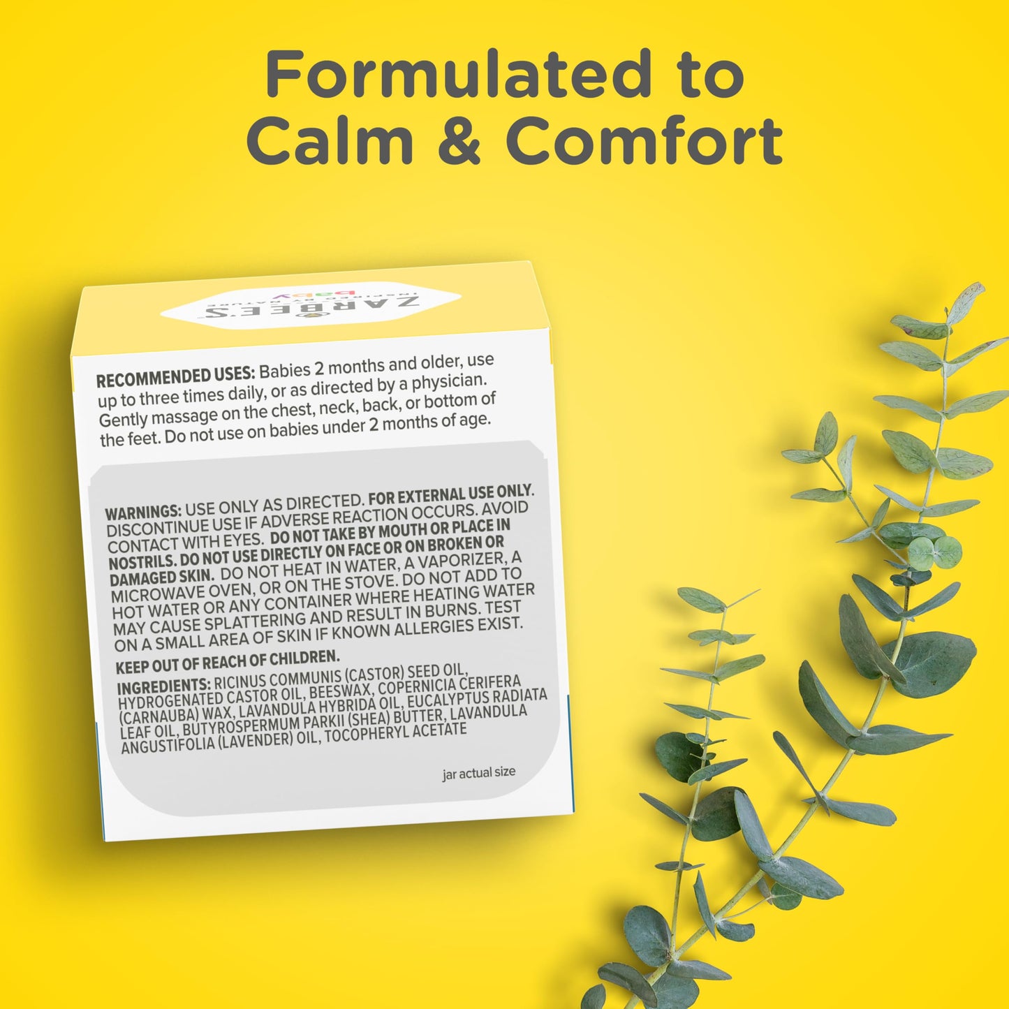 Back label of Zarbee's baby calming balm with safety instructions