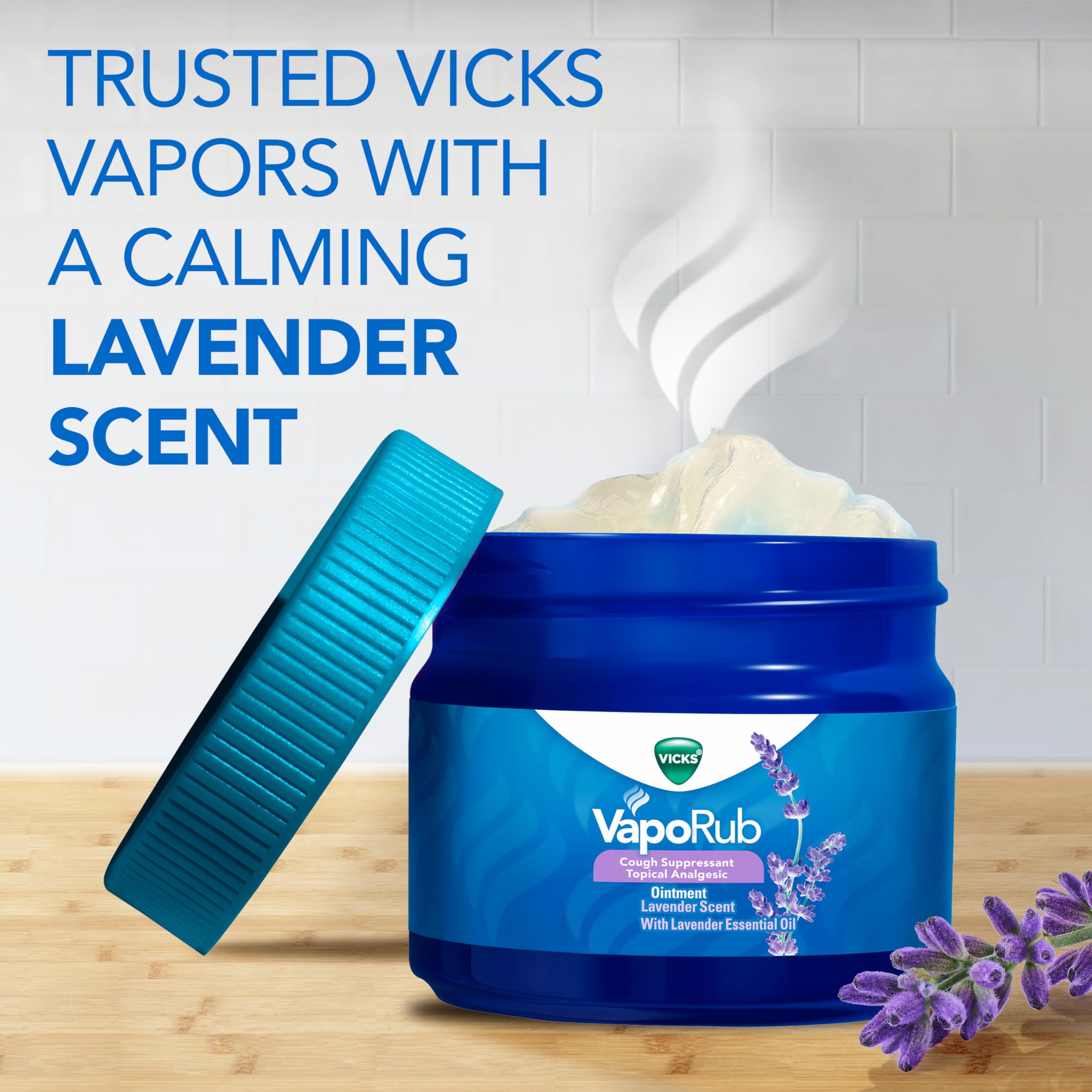 Vicks VapoRub Lavender packaging displaying topical chest rub benefits