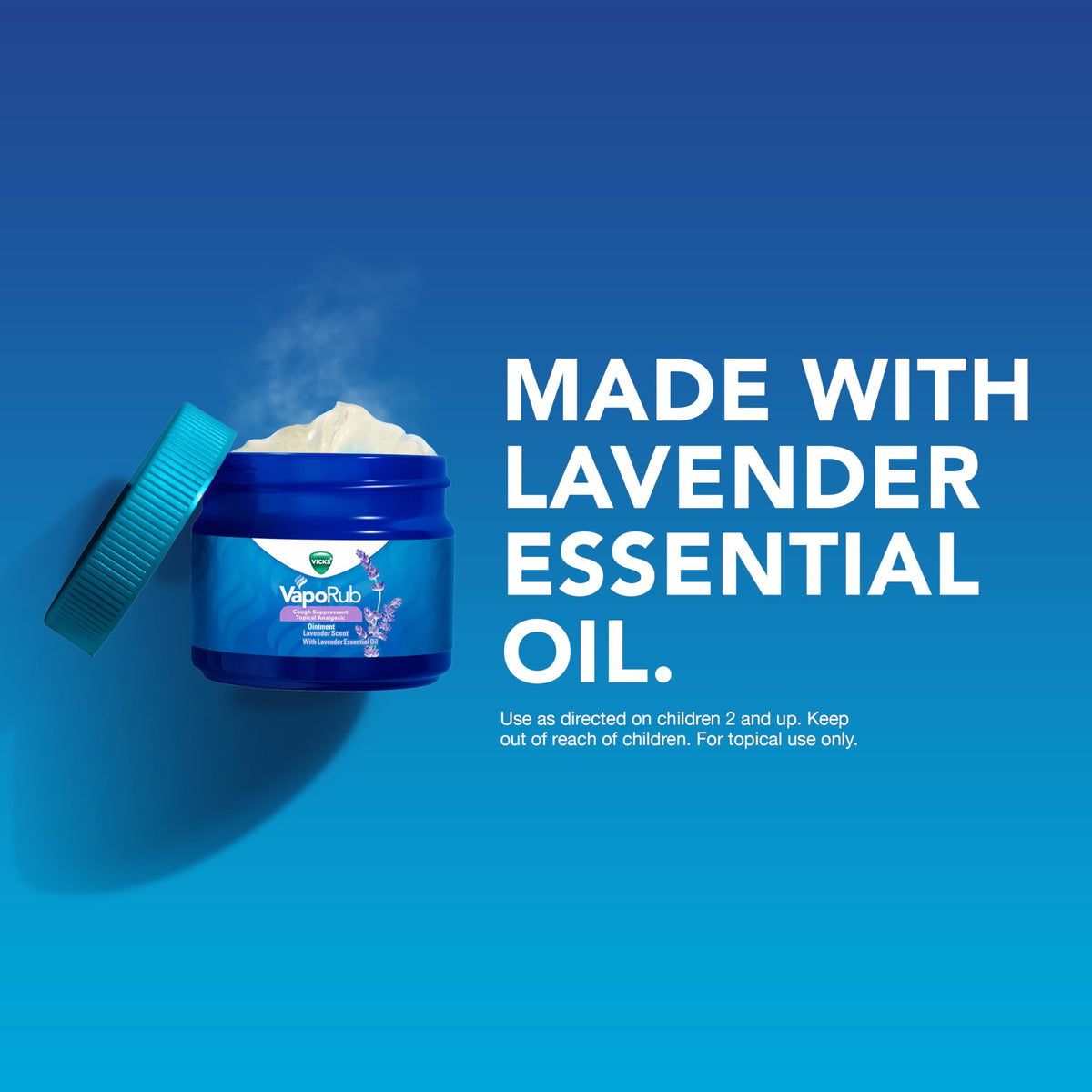 Side view of Vicks VapoRub Lavender 50 grams container for congestion