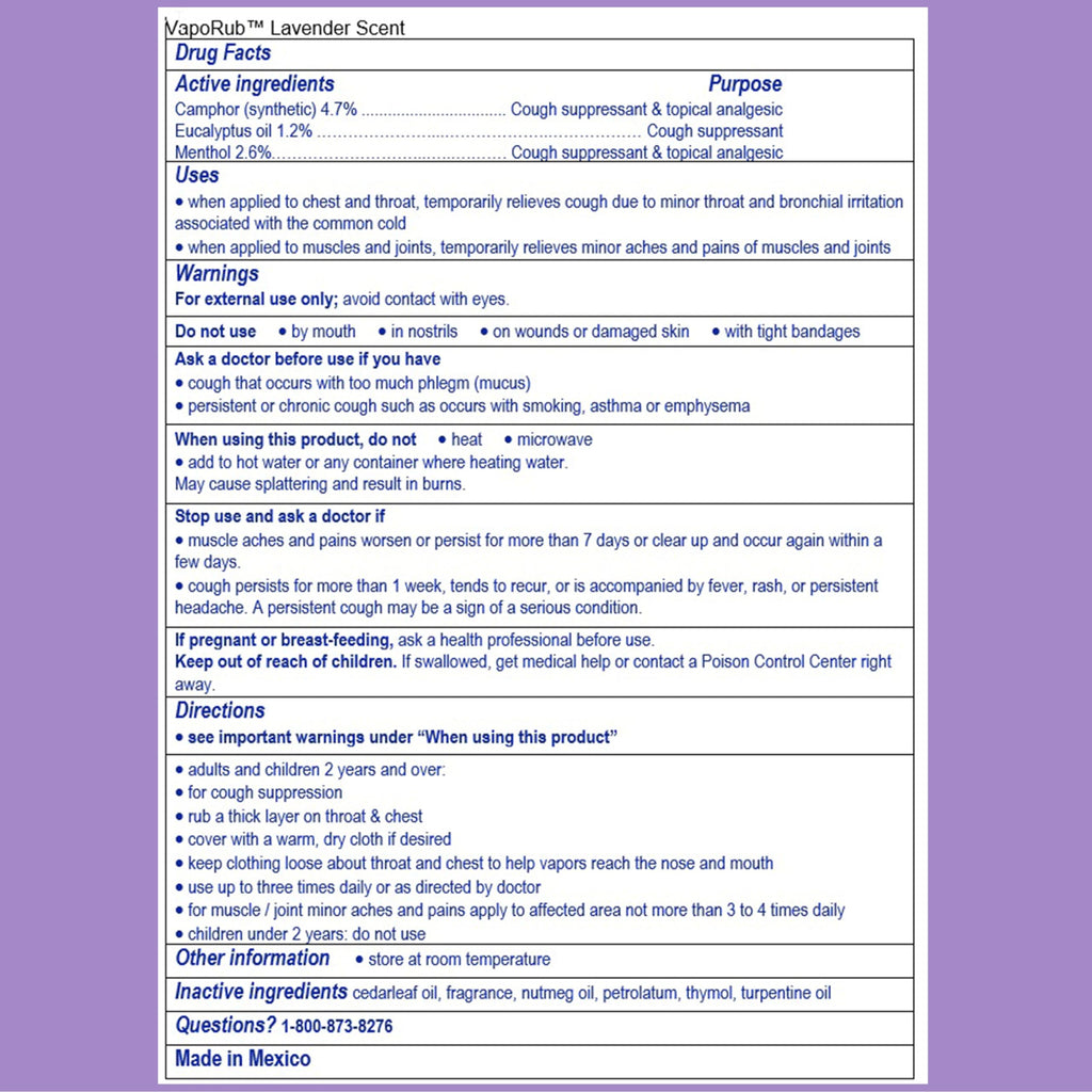 USA imported Vicks VapoRub Lavender analgesic ointment back view instructions