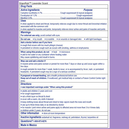 USA imported Vicks VapoRub Lavender analgesic ointment back view instructions