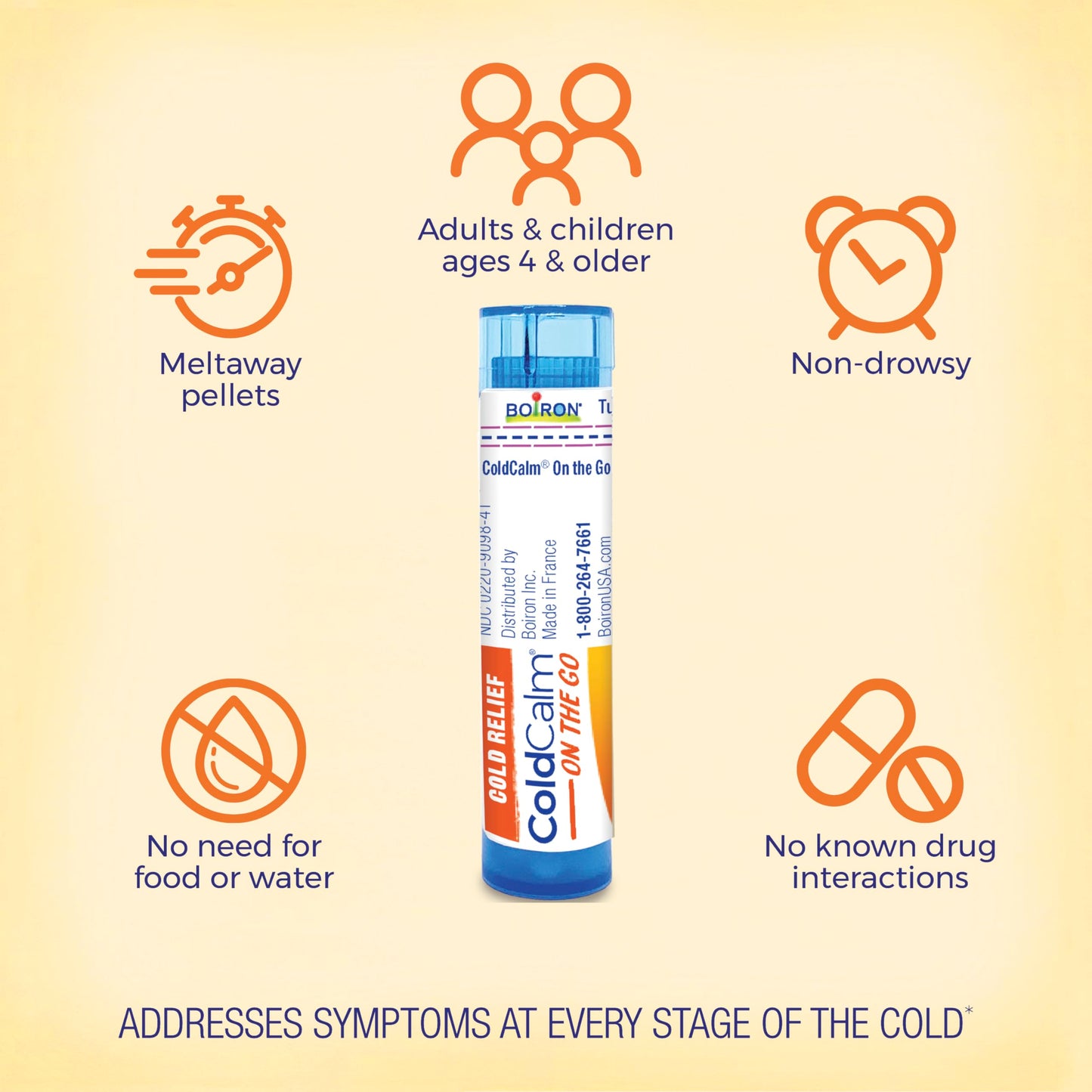 Back of Boiron ColdCalm packaging with active ingredients for nasal congestion relief