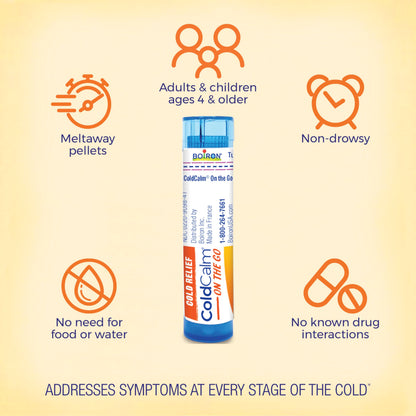Back of Boiron ColdCalm packaging with active ingredients for nasal congestion relief