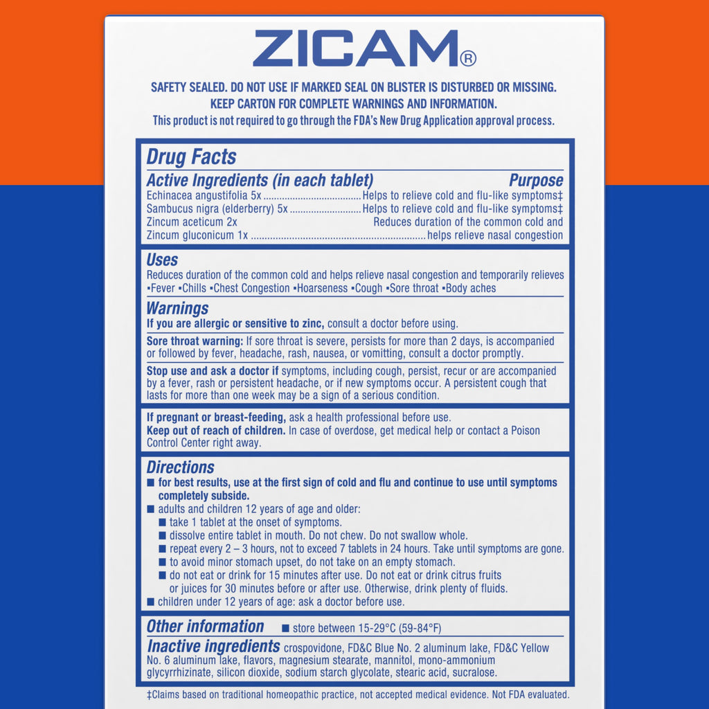 Zicam elderberry and zinc homeopathic tablets package contents directions