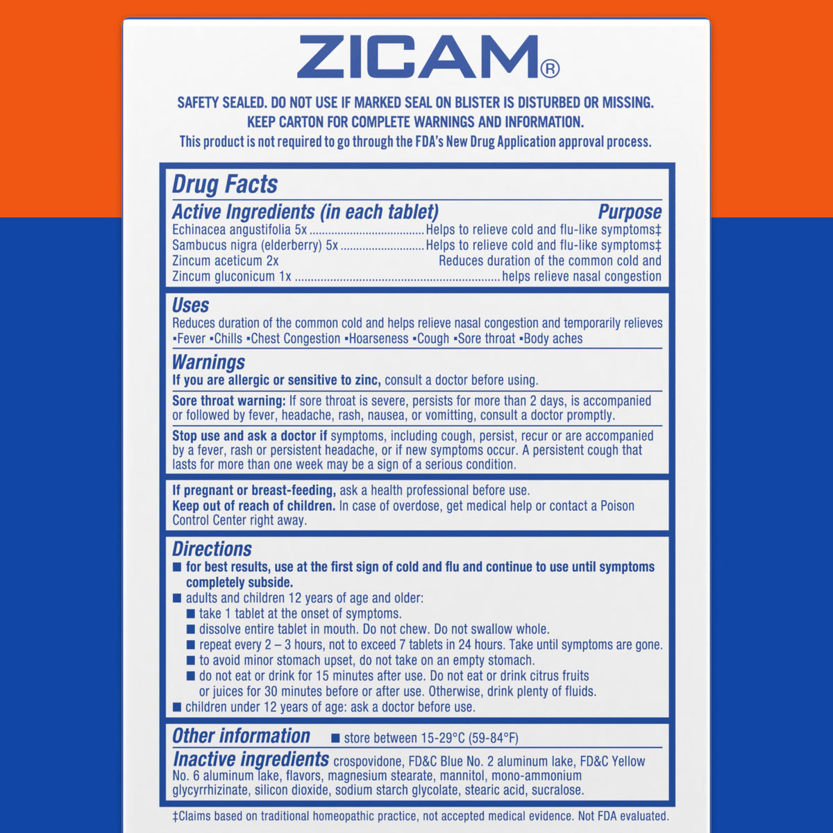 Zicam elderberry and zinc homeopathic tablets package contents directions